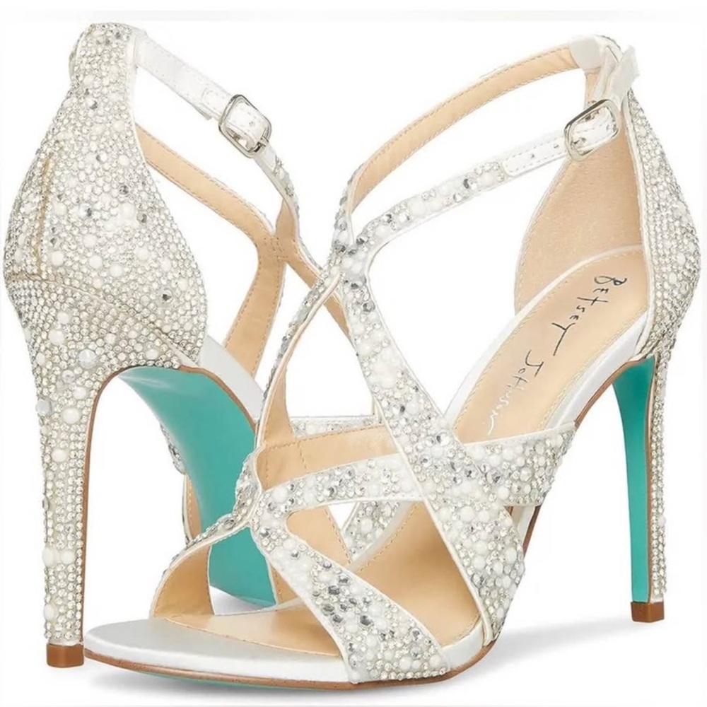 Crystal-Embellished White Strappy High Heel Sandals